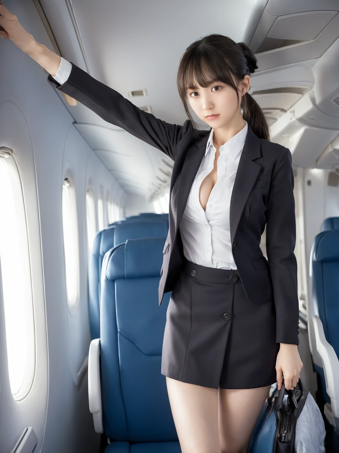A beautiful tall flight attendant with long legs and huge breasts standing on an airplane. View from below. 