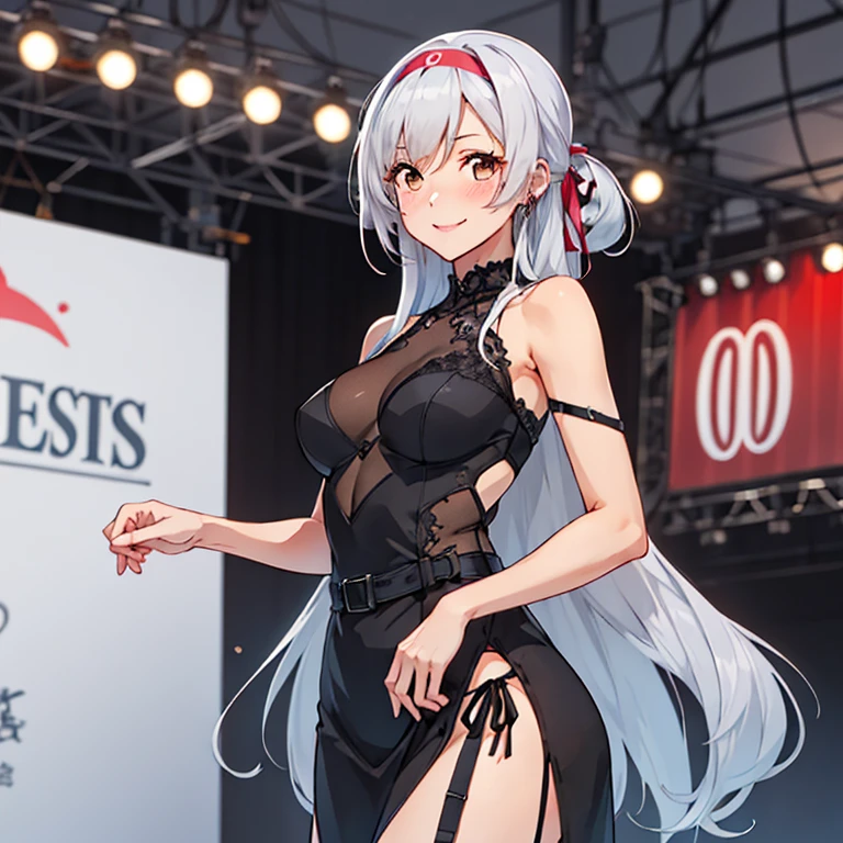 shoukaku_kantaicollection,ponytail,
long_hair, hairband, white_hair, brown_eyes, smile, headband, blush, Model walking down the runway in a dress adorned with luxurious lace, 
 (masterpiece:1.4),(best quality:1.4), (premium:1.4), (great illustration:1.4), (ultra-detailed:1.4),(art CG,8K),1girl solo,full body, blush,smile,KonishiCSA, 
(Fashion Show:1.4)