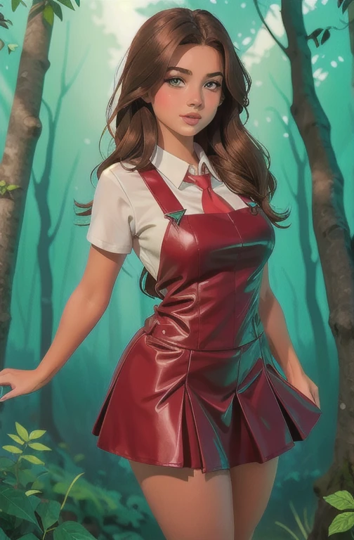 Cute teen curvy  beautiful schoolgirl , beautiful cute teen face, curvy figure, red leather skater pinafore dress , transparent white blouse , red tie, brunette long hair, beautiful eyes. Нейлоновые колготки, Sneackers, pioneer schoolgirl - standing in the forest , photorealistic , sad face, curvy figure, curvy lips, нейлоновые колготки, ультравысокое разрешение, фигура в полный рост