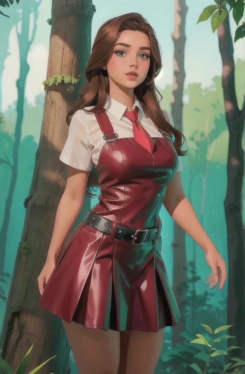 Cute teen curvy  beautiful schoolgirl , beautiful cute teen face, curvy figure, red leather skater pinafore dress , transparent white blouse , red tie, brunette long hair, beautiful eyes. Нейлоновые колготки, Sneackers, pioneer schoolgirl - standing in the forest , photorealistic , sad face, curvy figure, curvy lips, нейлоновые колготки, ультравысокое разрешение, фигура в полный рост