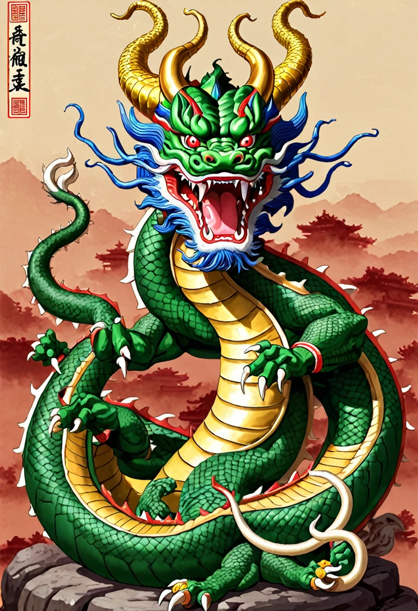 Shenlong、Horns growing from the head with a mane,
a long neck and tail, 
some have five fingers while others have a different number, a slender overall body shape, 