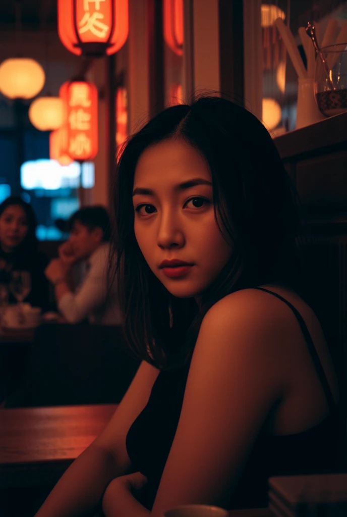 Professional Photography, Wong Kar-wai movie lighting style,  charming sad Oriental beauty， long messy straight hair ,   sitting in the corner of a restaurant ，There are raindrops on the windows,  80s Hong Kong  , Neon，Bokeh，close up， high resolution, Realism, RAW photo, 