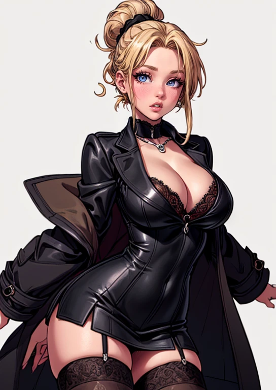 (cowboy shot: 1.5), (white background, simple background: 1.5), (masterpiece:1.5), (big breasts), 1 girl, mature woman, (Beautiful Girl:1.5), (extremely detailed and delicate anime face and eyes:1.5), whole body, (natural light, HDR, extremely details CG:1.3), (dynamic posture: 1.5), {correct body anatomy}, (wide hips:1.4), (perfect hands:1.3), single focus, toned body, Beautiful Lips, thick lips, {surreal}, {correct posture}, {minutes details}, {detailed body}, {detailed clothing}, {Bright Eyes}, (cleavage: 1.5), {accessories}, {sexy}, {solo}, (open coat: 1.5), long sleeves, button up shirts, (short skirt: 1.3), lace-up high heels, earrings, chain necklace, (black thighhighs: 1.5), (black legwear: 1.3), (long hair: 1.5), (two-tone hair: 1.5), (dark hair: 1.3), (hairup: 1.5), (straight hair: 1.3), (sidelocks: 1.5), (bright eyes: 1.3),