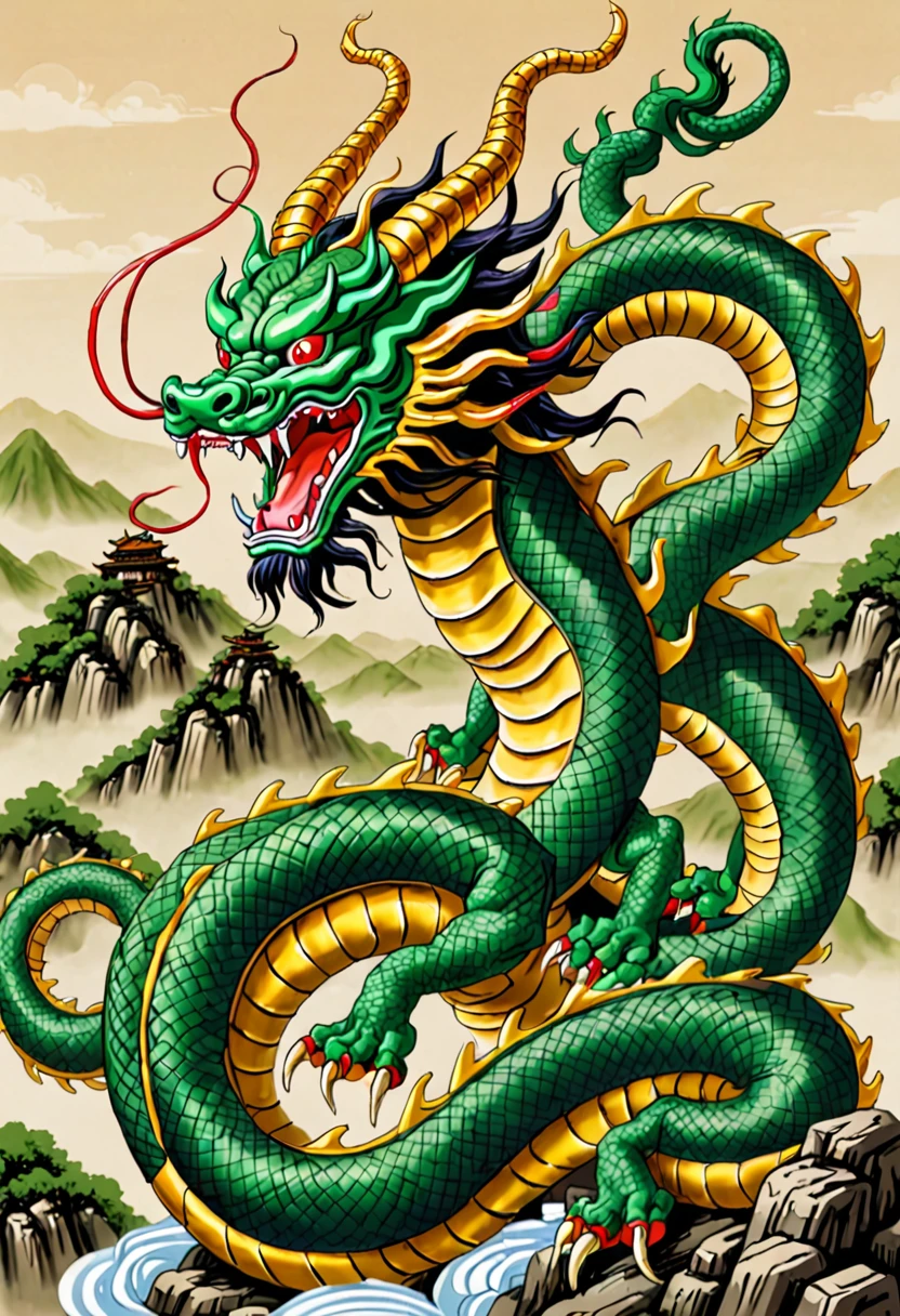 Shenlong、Horns growing from the head with a mane,
a long neck and tail, 
some have five fingers while others have a different number, a slender overall body shape, 