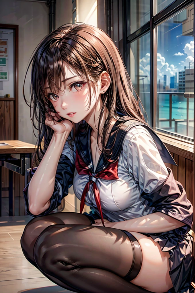((masterpiece)), ((highest quality)), ((8k)), ((super detailed)), ((small breasts)), ((beautiful breasts)), ((transparency)), ((neat) )), ((flat chest)), ((beautiful girl: 1.3)), ((beautiful hair)), ((detailed description: 1.3)), ((healthy body))
, ((High resolution)), ((Smile)), ((Sunset)), ((Unpopular classroom)), ((Cute school uniform)), ((Navy miniskirt))