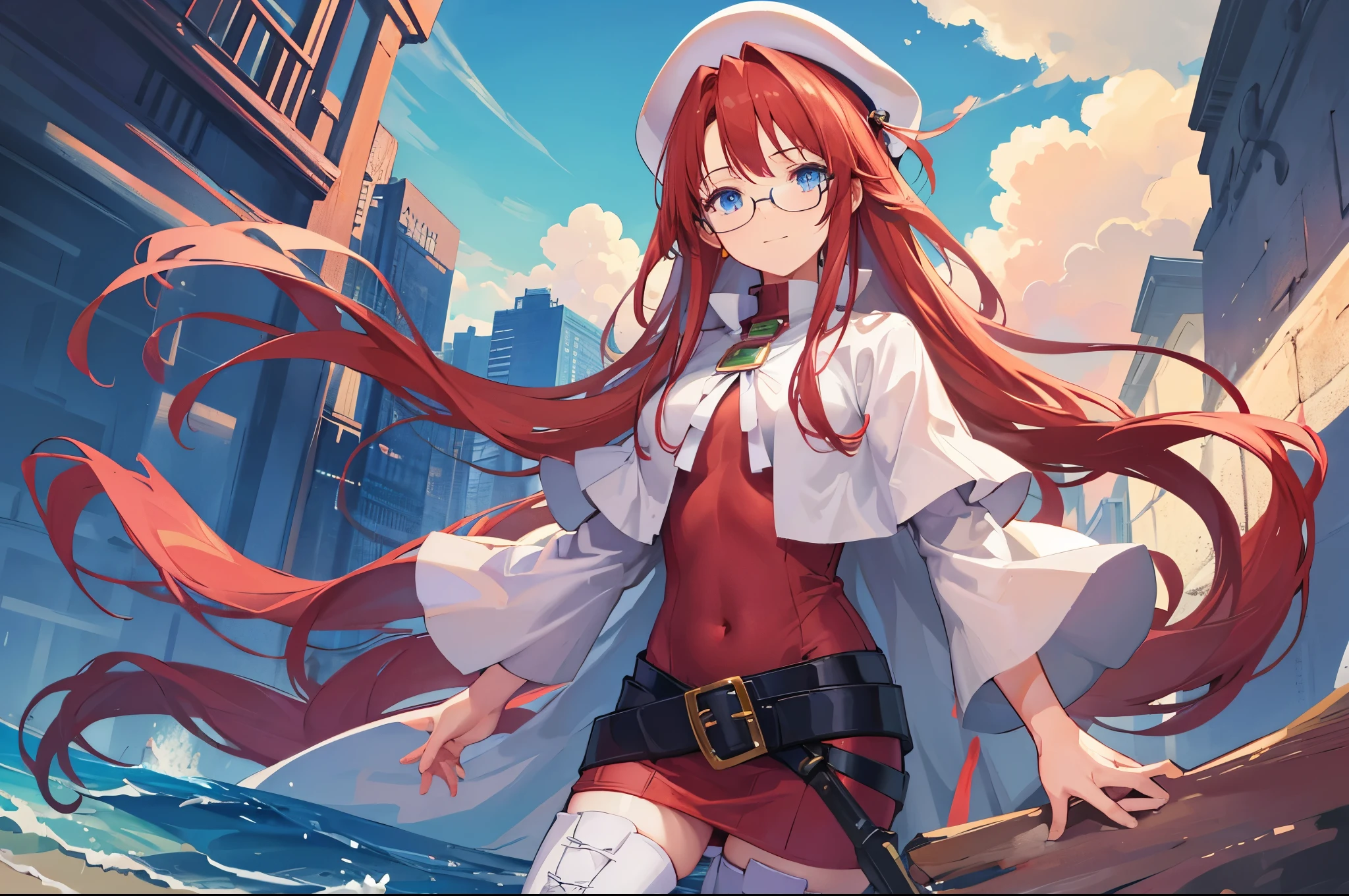 summonnightaty, aty, (young:1.3),long hair, blue eyes, red hair, big_berets, hat, glasses,
BREAK long hair, thighhighs, hat, dress, naked_legs, glasses, belt, cape, sweater, zettai ryouiki, beret, thigh boots, white footwear, ribbed sweater, loose belt,solo,
BREAK outdoors, fantasy,on_beach,
,Highquality_hads,perfect_fingers,
BREAK (masterpiece:1.2), best quality, high resolution, unity 8k wallpaper, (illustration:0.8), (beautiful detailed eyes:1.6), extremely detailed face, perfect lighting, extremely detailed CG, (perfect hands, perfect anatomy),covered_nipples,covered_navel ,half_eyes,long_sword,sleepy,standing,red_sweater,apart_knees,magical_effect,spread_legs, have_a_book,teacher,rise_knee,Smile,rise_hand,look_down_viewer,spread_arms,sea_waves,looking_into,blue_sky,sitting