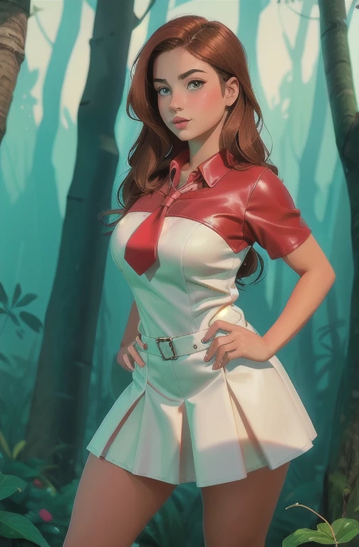 Cute teen curvy  beautiful schoolgirl , beautiful cute teen face, curvy figure, red leather skater pinafore dress , transparent white blouse , red tie, brunette long hair, beautiful eyes. Высокие белые чулки, Sneackers, pioneer schoolgirl - standing in the forest , photorealistic , sad face, curvy figure, curvy lips, высокие белые чулки, ультравысокое разрешение, фигура в полный рост, sneackers