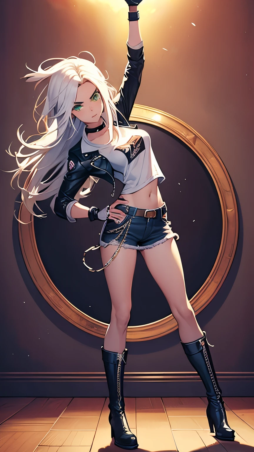 (masterpiece), danny phantom, best quality, green eyes, perfect face, highres, 1girl, solo, (female:1.5), cute, white hair, long hair, white fingerless gloves, black t shirt, leather jacket, jeans, indoors, , dancing around chains whip, holding chains whip, cowboy shot, looking at the viewer, fullbody shot, long boots, ninja style, attack pose
