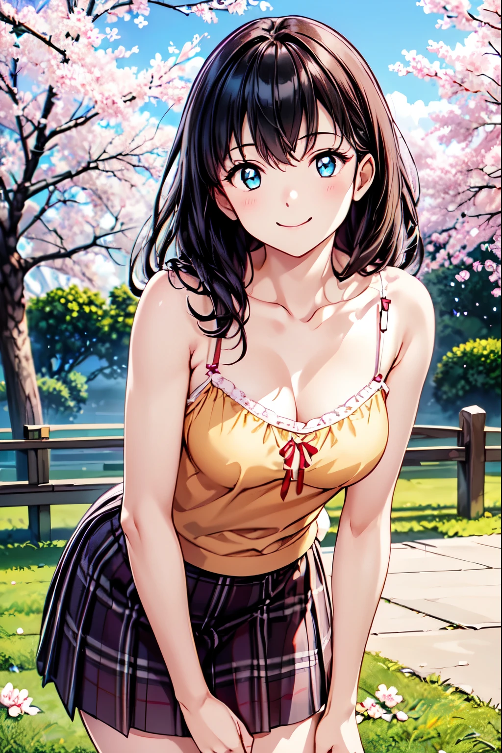 Best Quality,  High Resolution ,One Girl、solo、smile、( animated illustration style ), 20 year old girl, Attractive looks、cherry blossoms、Attractive eyes、stroll,( camisole、skirt:1.3),(Realistic, Genuine, Genuine的、Realistic), Best Quality、  cowboy shot,Leaning forward