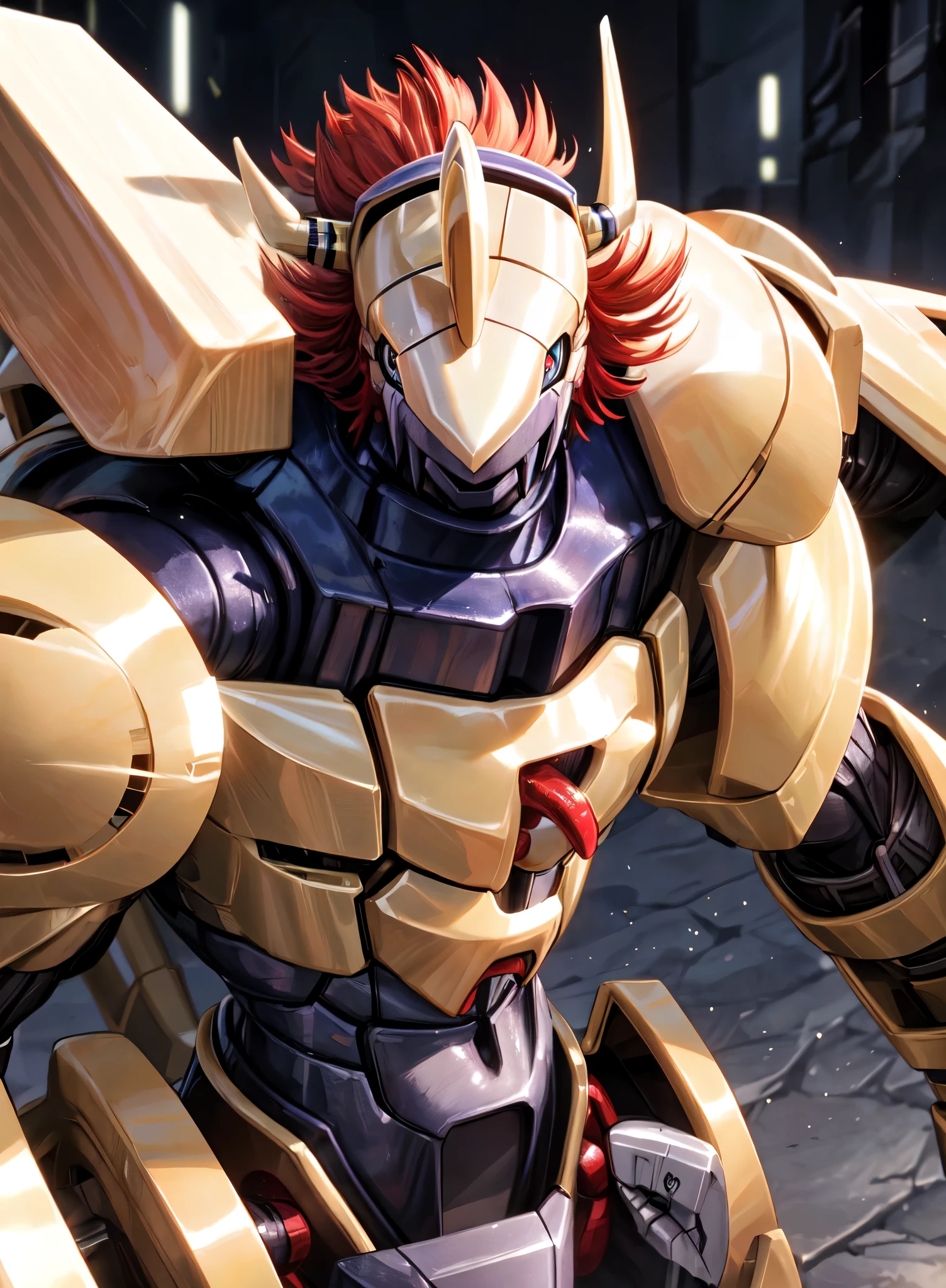 masterpiece, Official Art ,doll,male,(Battle Greymon:1.2), exquisite face , Delicate Eyes ,helmet, armor, trumpet, Digimon, Upper body, Depth of Field, Perfect lighting, Light Particles,( best quality),(masterpiece),( super detailed ), clear focus,Light Particles