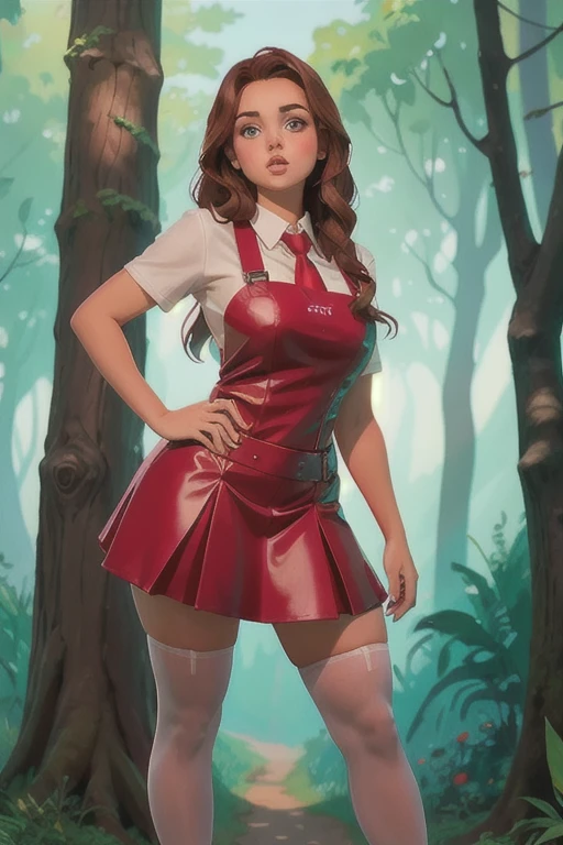 Cute teen curvy  beautiful schoolgirl , beautiful cute teen face, curvy figure, red leather skater pinafore dress , transparent white blouse , red tie, brunette long hair, beautiful eyes, Sneackers, pioneer schoolgirl - standing in the forest , photorealistic , sad face, curvy figure, curvy lips, high white stockings, ультравысокое разрешение, full figure, sneackers