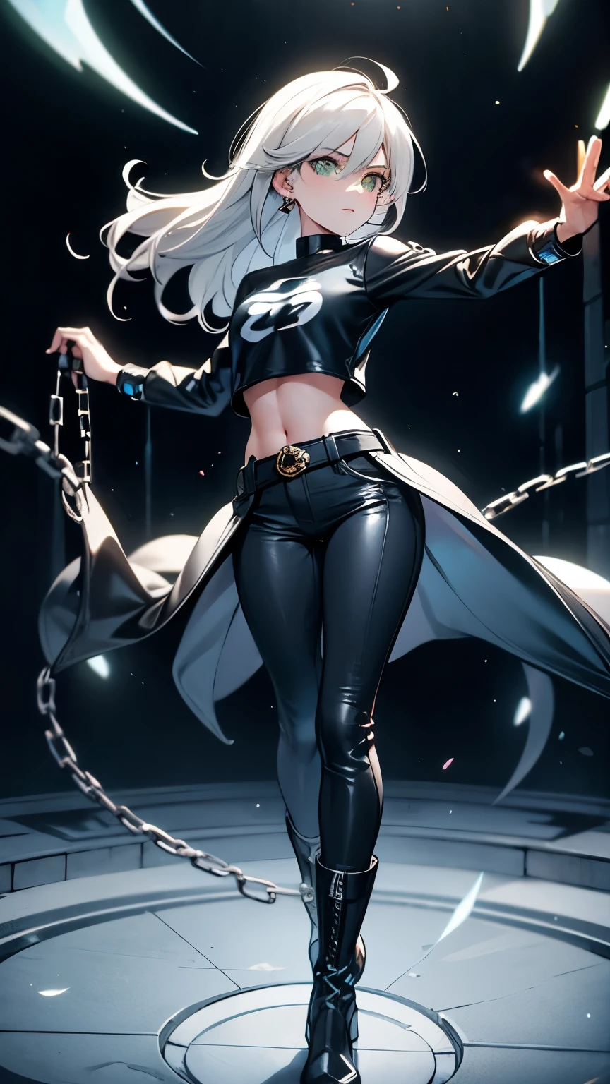 (masterpiece), danny phantom, best quality, green eyes, perfect face, highres, 1girl, solo, (female:1.5), cute, white hair, long hair, white fingerless gloves, black t shirt, leather jacket, jeans, indoors, , dancing around chains whip, holding chains whip, cowboy shot, looking at the viewer, fullbody shot, long boots, ninja style, attack pose
