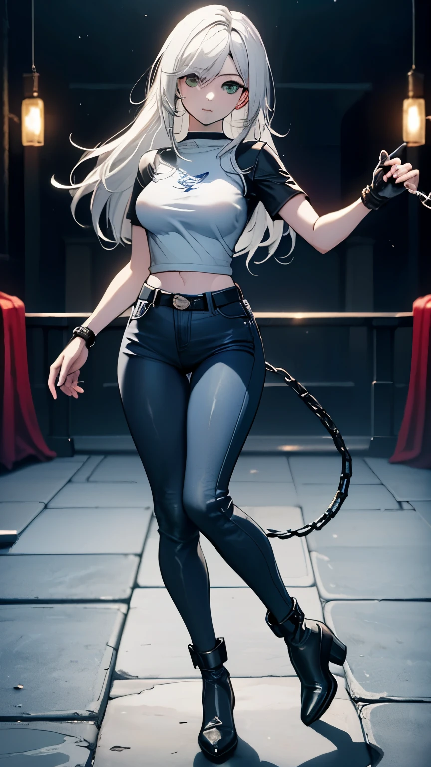 (masterpiece), danny phantom, best quality, green eyes, perfect face, highres, 1girl, solo, (female:1.5), cute, white hair, long hair, white fingerless gloves, black t shirt, leather jacket, jeans, indoors, , dancing around chains whip, holding chains whip, cowboy shot, looking at the viewer, fullbody shot, long boots, ninja style, attack pose
