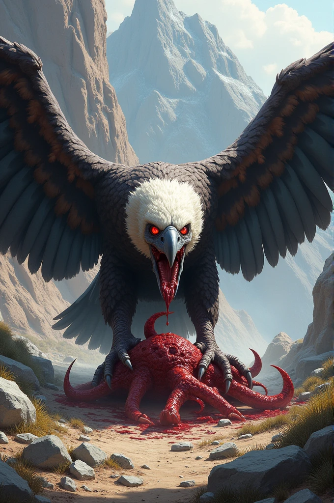 The image is framed inside the tusk, a Golden Eagle feeding on the remains of this prey. with the powerful bird of prey tearing flesh with its sharp beak and claws. The eagle's golden feathers stand out against the rich red tones of the fox's fur, and the intense focus on the eagle's eyes adds dramatic tension to the scene.