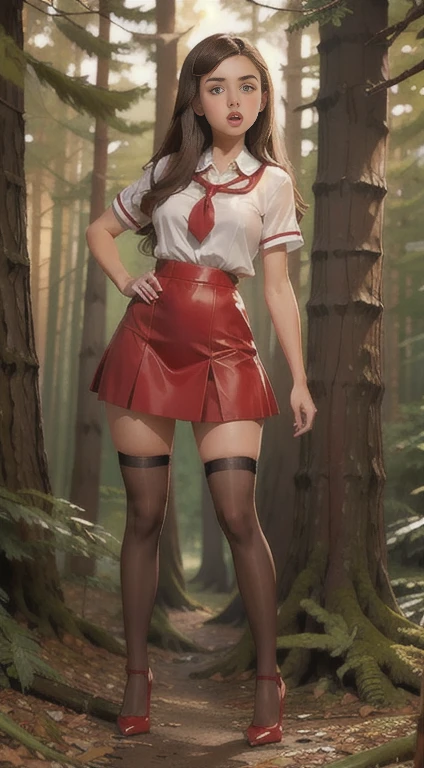   Cute young beautiful schoolgirl,  beautiful cute teen face , red leather safari dress ,  transparent white blouse , brunette long hair,  beautiful eyes. stockings,  high heel shoes , schoolgirl standing in the woods,   photorealistic , curvy figure, sad face, open mouth.