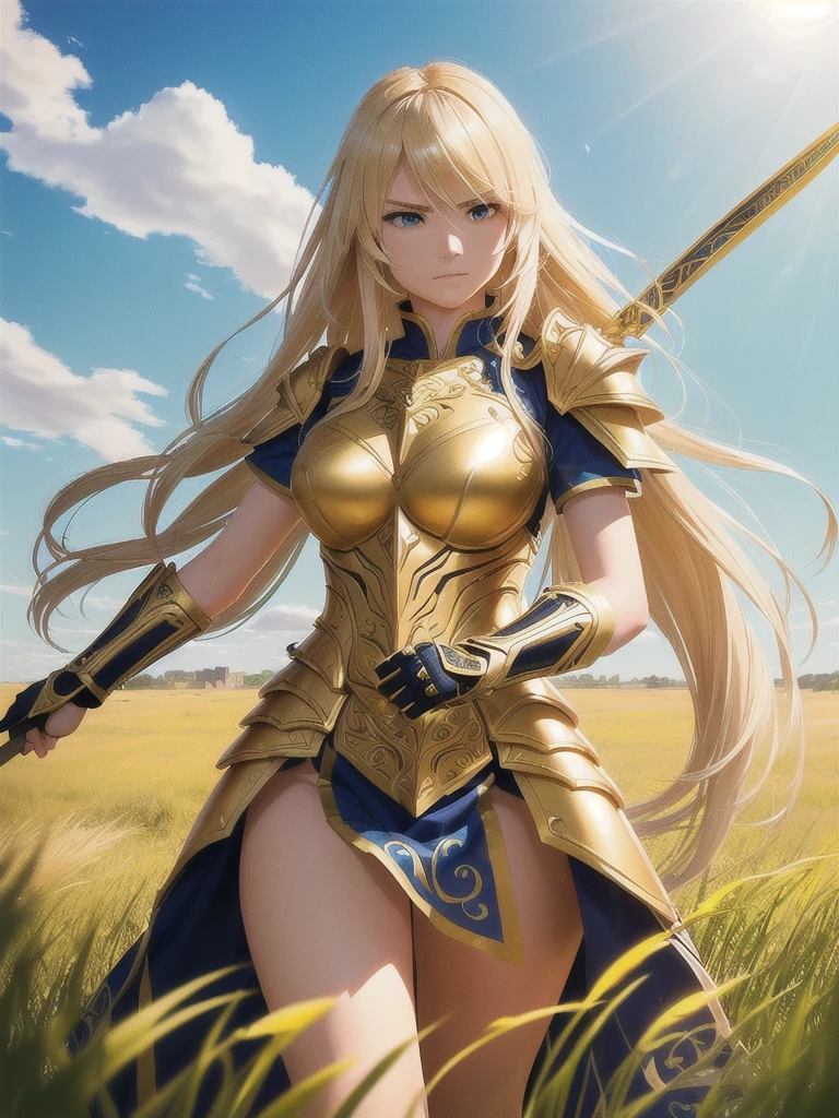 A fierce female warrior with flowing blonde hair, her face filled with determination and intensity. She raises her golden sword, pointing it forward, as if commanding her troops or challenging the enemy. Her intricately detailed golden armor and shield gleam in the bright sunlight, with complex and ornate designs that catch the light. The wind gently sweeps through the vast grassy field, causing the tall grass to sway. In the distance, a massive castle stands as a silent witness to the battle that is about to unfold. The sky is clear and blue, adding a sense of calm before the impending storm of war, while her focused eyes blaze with courage and a readiness for the fight.