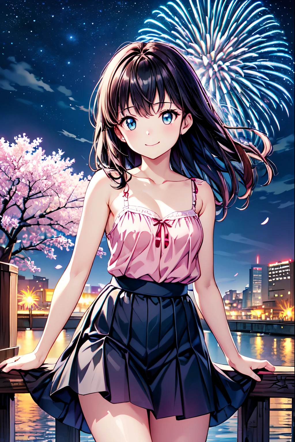 Best Quality,  High Resolution ,One Girl、solo、smile、( animated illustration style ), 20 year old girl, Attractive looks、Cherry Blossoms at Night、Starry Sky、firework、cherry blossoms、Attractive eyes、stroll,( camisole、skirt:1.3),(Realistic, Genuine, Genuine的、Realistic), Best Quality、  cowboy shot,