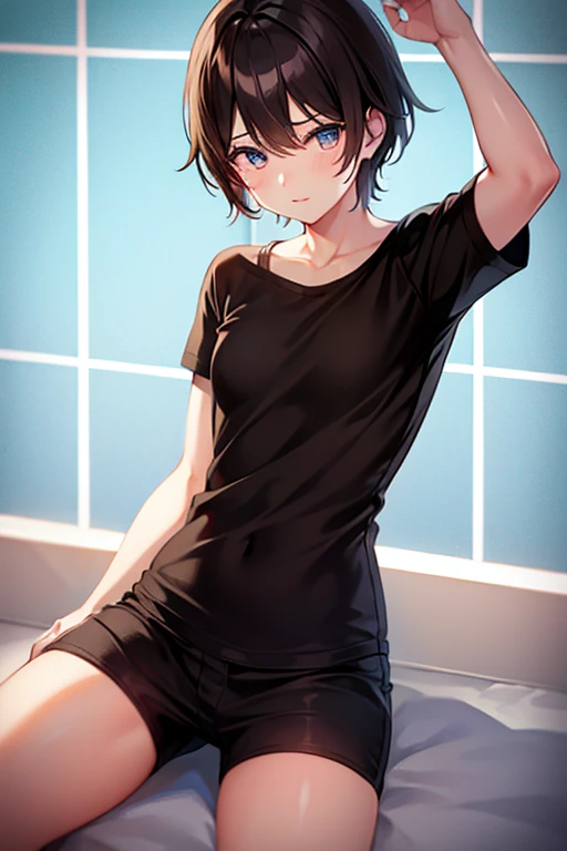 ((masterpiece, best quality)),((high resolution:1.3)), 1 Girl, solo, Cowboy Shot, Blurred Background, (((Small breasts))), Thighs, (underwear), ((lift Shirts:1.3)), Off shoulder, pixie cut