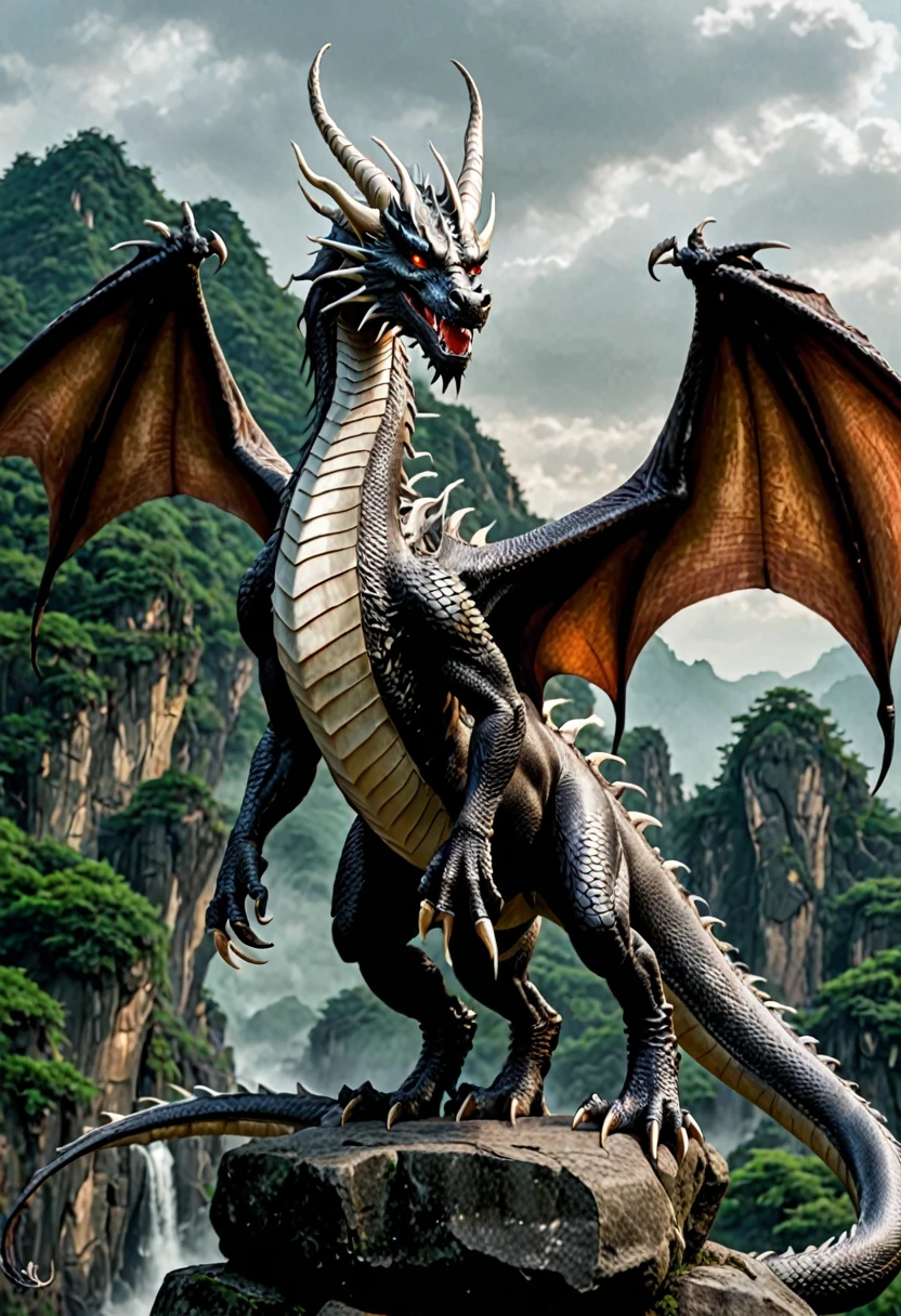 dragon、 has 2 horns on its head 、Mane flapping 、 standing with 5 fingers and strong limbs with sharp claws、 long neck and tail 、 and is depicted as an overall slender body 。