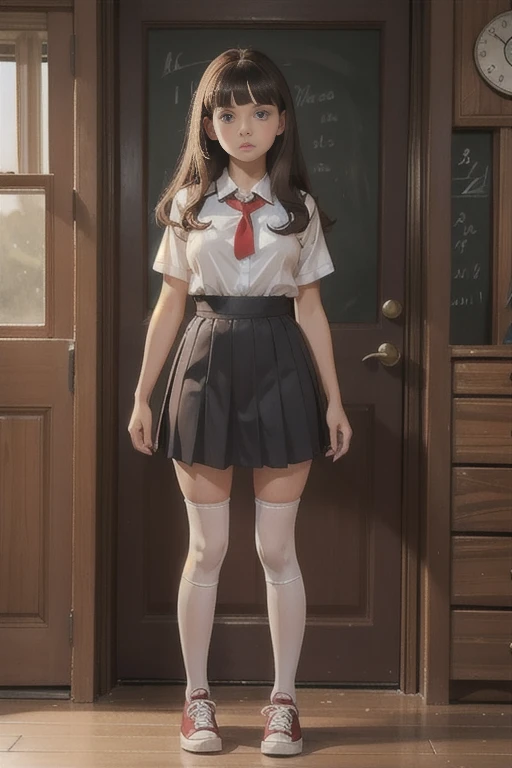    Cute young  beautiful  schoolgirl pioneer,  beautiful cute teen face ,  black pleated  pinafore dress  ,  transparent white blouse , red tie, brunette long hair, beautiful eyes. stockings,  Sneakers, pioneer schoolgirl - standing in the summer camp ,   photorealistic , sad face, curvy figure