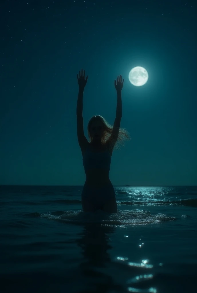 Wide angle, Black and white, high contrast photograph, full length blond model, looking away from the camera, topless, small breasts, standing in the water, full moon rising behind