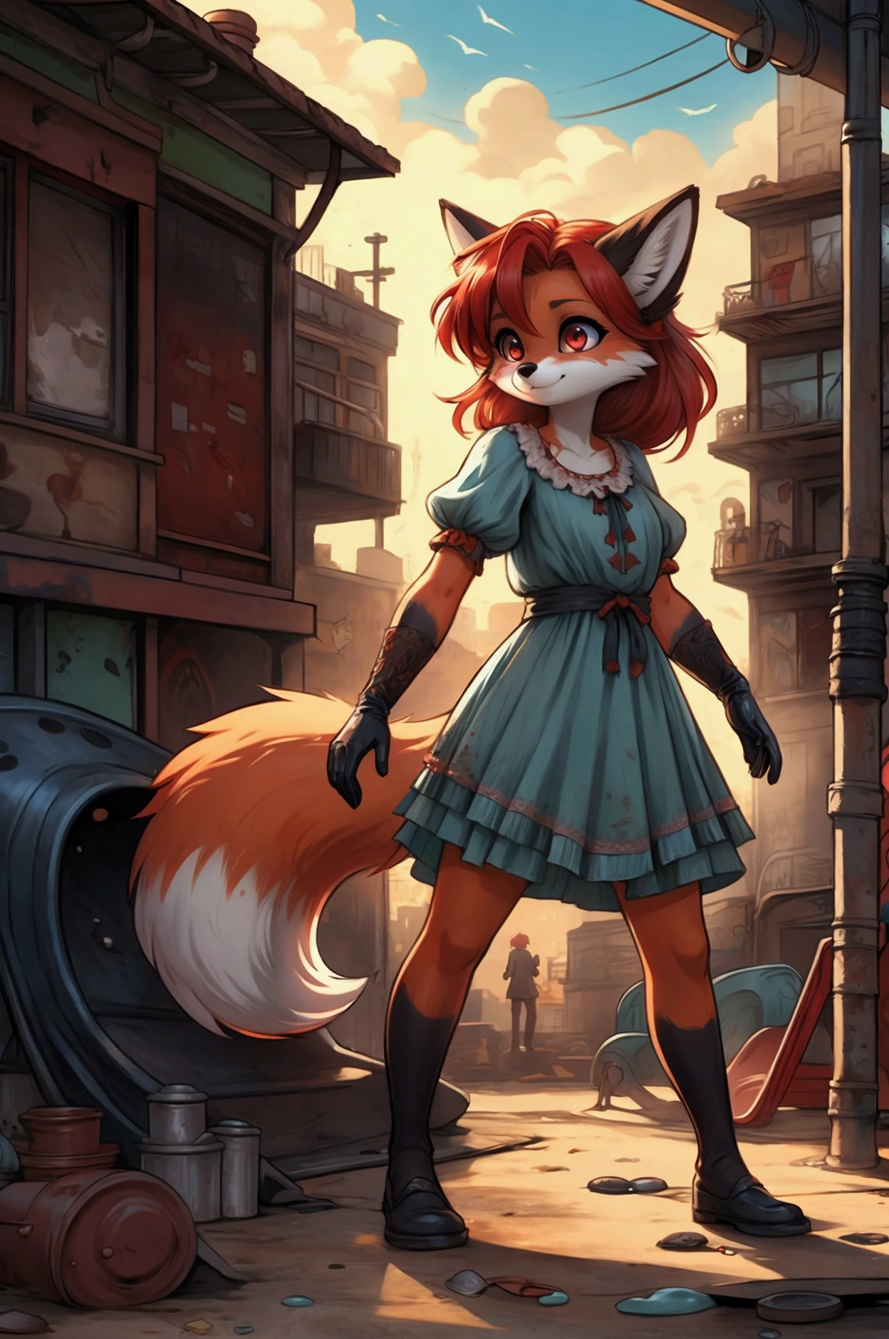 a small bodied anthro fox girl with red hair and seafoam eyes and orange fur with black glove markings in shabby clothes playing in a rusting public playground in the inner city, in a graphic novel style