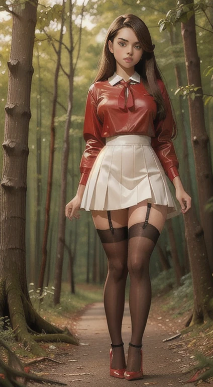 Cute young beautiful schoolgirl, beautiful cute  face , red leather safari dress , transparent white blouse , brunette long hair, beautiful eyes. stockings, high heel shoes , schoolgirl standing in the woods, photorealistic , curvy figure, sad face, curvy lips.