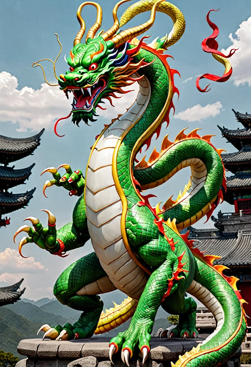 Shenlong、 has 2 horns on its head 、Mane flapping 、 standing with 5 fingers and strong limbs with sharp claws、Overall, it is depicted with a slender body with a long body and short legs。