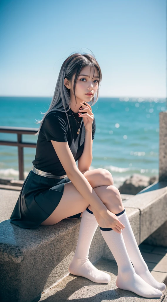 photorealistic, high resolution, 1 girl, gray hair, korean, heterochromic eyes, small moles under eyes, big, blonde, beach, outdoor, one side up, huza, black skirt, wharf, school uniform, 25 years old