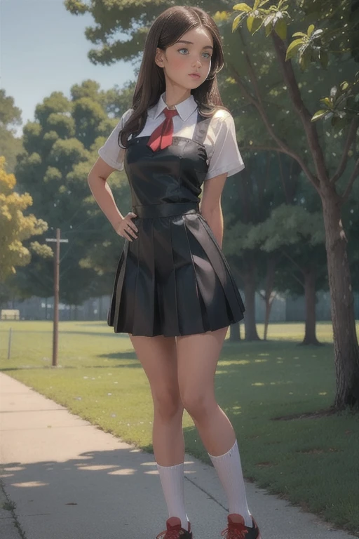    Cute young  beautiful  schoolgirl pioneer,  beautiful cute teen face ,  black pleated  pinafore dress  ,  transparent white blouse , red tie, brunette long hair, beautiful eyes. stockings,  Sneakers, pioneer schoolgirl - standing in the summer camp ,   photorealistic , sad face, curvy figure