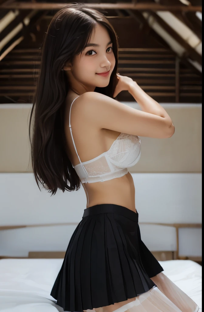 ((masterpiece)),(detailed),(perfect face),(thin),((sexy long legs)),((beautiful legs)),(slim),((boob flash)),(( slip)),(horny smile),((very sexy emotional face)),((very long straight hair)),(looking at viewer),(black hair),((trained body)),((smiling)),(top-quality),(Photo realsitic:1.4),Raw photo,((two -olirl:1.2)),(((Random hair)),(((Take different poses))),glowy skin,(Happiness:1.2),(she wearing Thai university uniform black pleated mini skirt:1.5),((portrait)),(close up shot), ((Thai university uniform black pleated long skirt:1.5)), ((white small-triangle cotton bra:1.5)), ((in dark shabby Thai barn:1.5)), ((no light but moon light:1.2)), ((on a bed:1.2)), Thai script in background, ((brown belt)), ((detailed cute face:1.5)), ((14-yohaiisit girl:1.5)), ((long beautiful legs:1.5)), nsfw, beautiful thigh, ((front shot:1.2)), ((white bra:1.2))