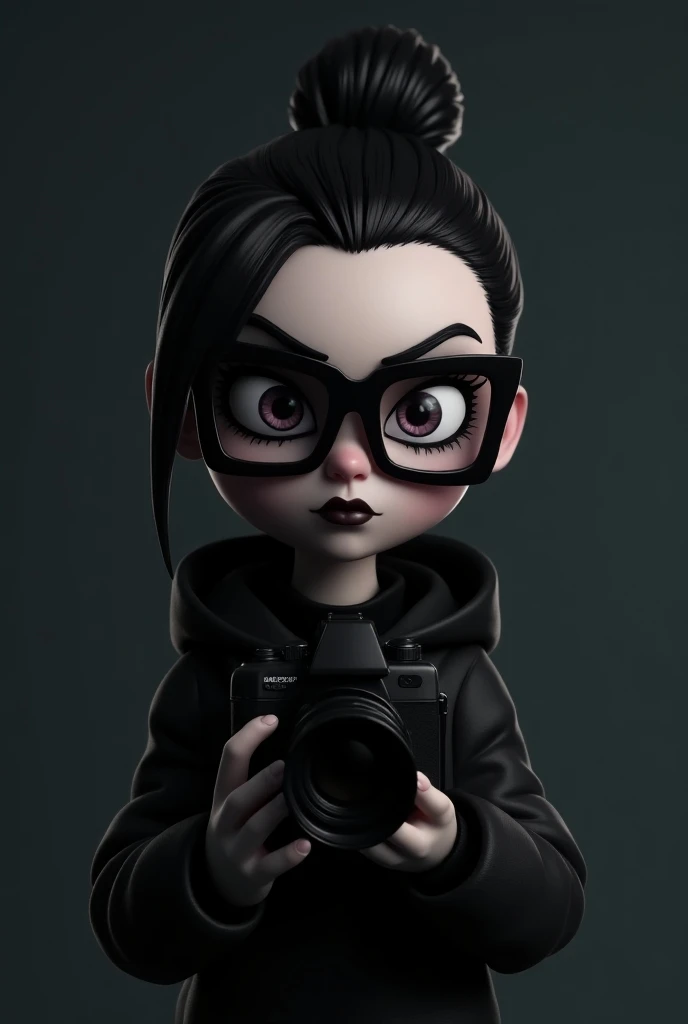  goth girl director ,  very dark mascara , camera , hair in a bun angry big eyes 3d pixar cartoon glasses