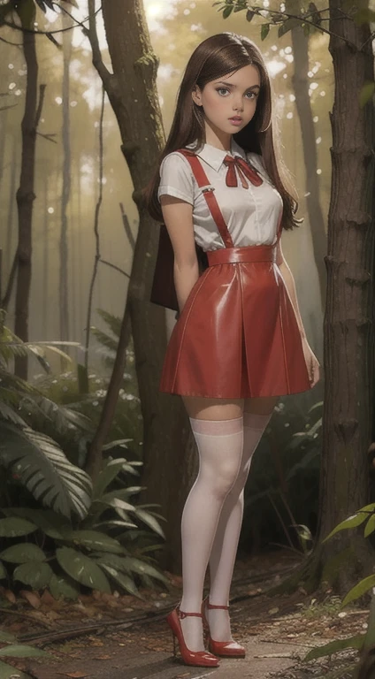 Cute young beautiful schoolgirl, beautiful cute teen face , red leather skater pinafore dress , transparent white blouse , brunette long hair, beautiful eyes. stockings, high heel shoes , schoolgirl standing in the woods, photorealistic , curvy figure, sad face, sexy lips