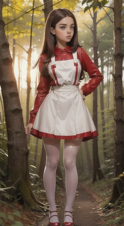 Cute young beautiful schoolgirl, beautiful cute teen face , red leather skater pinafore dress , transparent white blouse , brunette long hair, beautiful eyes. stockings, high heel shoes , schoolgirl standing in the woods, photorealistic , curvy figure, sad face, sexy lips