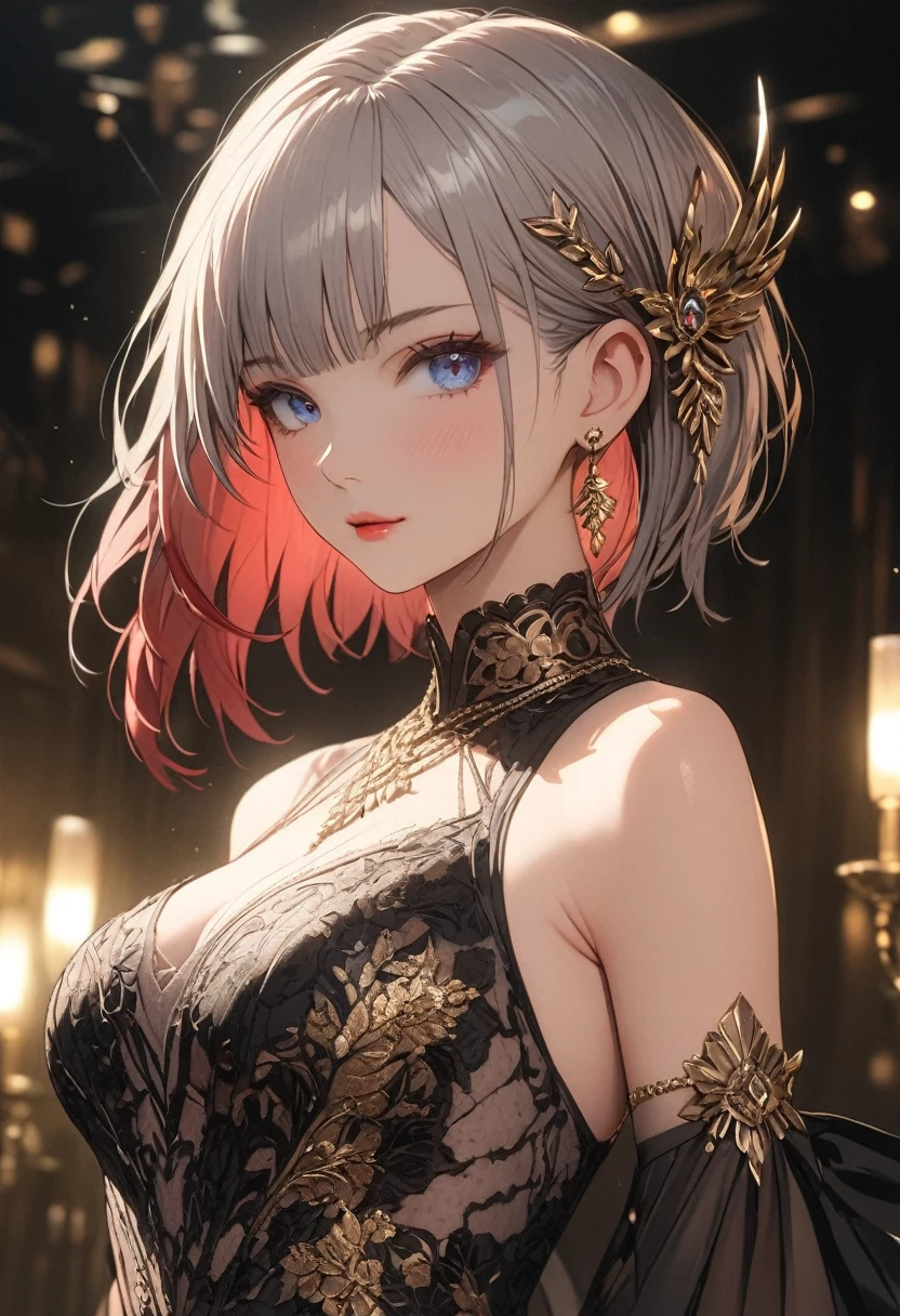 a long elegant dress, lace dress, shimmering dress, formal dress, beautiful girl wearing dress, beautiful woman in dress, detailed face, detailed eyes, detailed lips, intricate dress design, high fashion, luxury dress, (best quality,4k,8k,highres,masterpiece:1.2),ultra-detailed, cinematic lighting, soft lighting, warm color tones, dramatic shadows, detailed fabric textures, high-end fashion photography, 1girl, breasts, blue eyes, solo multicolored hair, red hair, short hair, grey hair, hair ornament, streaked hair, full body
