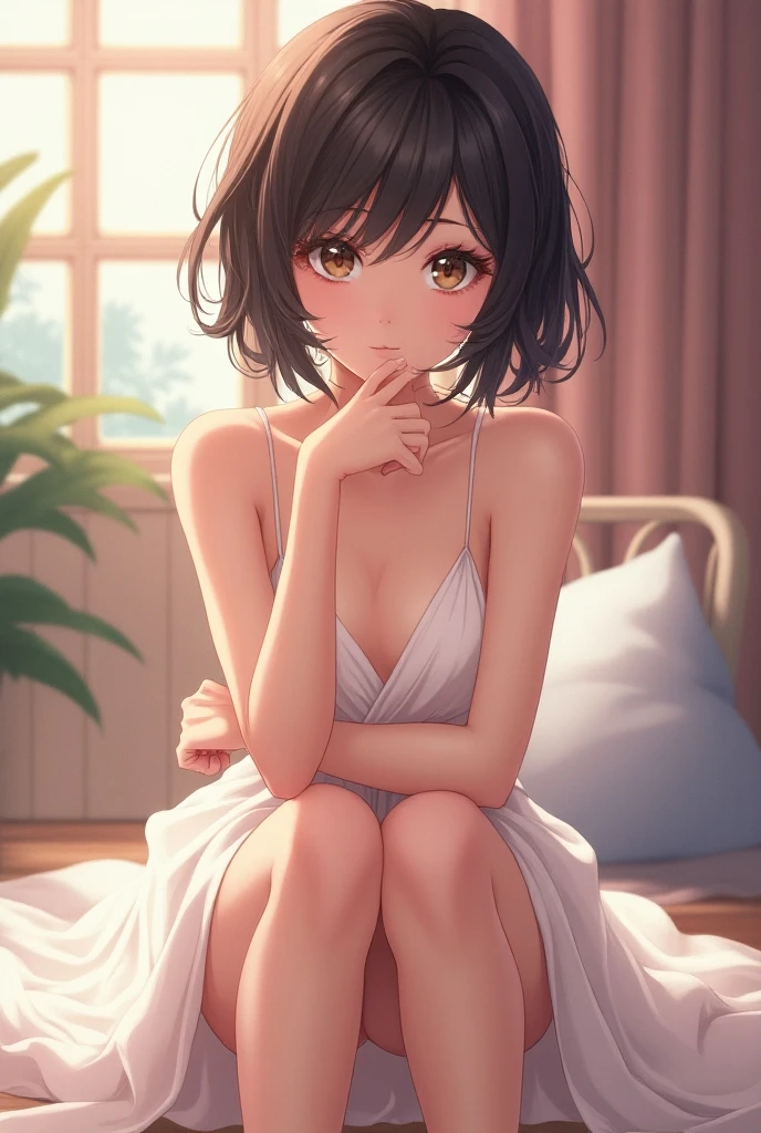 nsfw,masterpiece,8K,high school girl、cute、Bobcut、Light clothing、Short white tank top、sports、Sweaty、cute、Plain underwear、Squat、Leg spread、blush、