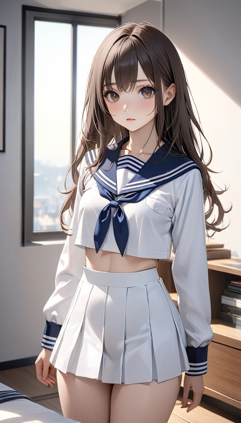 8K Ultra HD、RAWphotograph、 (masterpiece、 Redeem、Realistic、 High Resolution 、photograph:1.3)、concentrated、slim、Small Face、No makeup、 long hair、 beautiful dark brown eyes 、real skin、( perfect bodies )、  beautiful eyes with attention to detail  、Small breasts、cute、(((Delicate and precise sailor suit、)))、bright modern room、 emphasizes cleavage 、whole body、