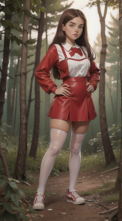   Cute young beautiful curvy schoolgirl Soviet pioneer,  beautiful cute teen face , red leather skater pinafore dress ,  transparent white blouse , brunette long hair,  beautiful eyes. stockings,  Sneakers, Soviet schoolgirl - standing in the woods ,   photorealistic , sad face, curvy figure