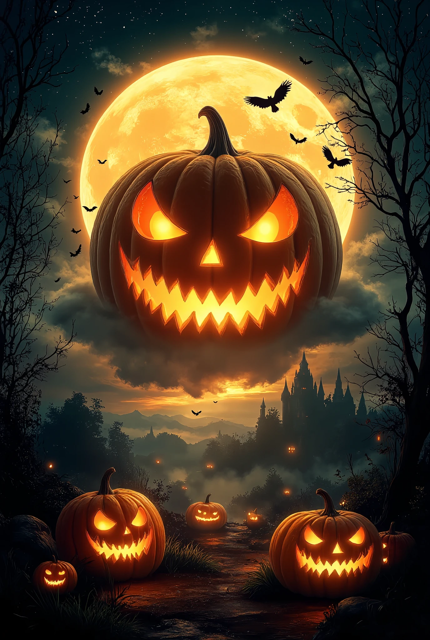 A massive, glowing jack-o-lantern replaces the moon in a starry night sky, its carved face illuminated with an eerie, mischievous grin. The pumpkin radiates an orange and yellow light, casting a warm, spooky glow over a haunted landscape below. Silhouettes of twisted trees and ancient ruins frame the scene, while wispy clouds drift across the sky, partially obscuring the pumpkin moon. Bats and crows flit through the air, enhancing the Halloween vibe. several lit jack-o-lanterns on the ground, The atmosphere is both magical and haunting, creating a stunning, high-quality, cinematic image
