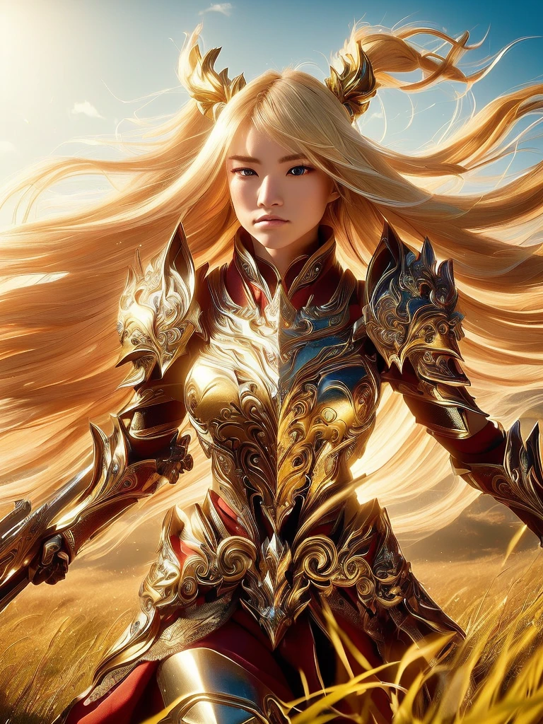 A fierce female warrior with flowing blonde hair, her face filled with determination and intensity. She raises her golden sword, pointing it forward, as if commanding her troops or challenging the enemy. Her intricately detailed golden armor and shield gleam in the bright sunlight, with complex and ornate designs that catch the light. The wind gently sweeps through the vast grassy field, causing the tall grass to sway. In the distance, a massive castle stands as a silent witness to the battle that is about to unfold. The sky is clear and blue, adding a sense of calm before the impending storm of war, while her focused eyes blaze with courage and a readiness for the fight.