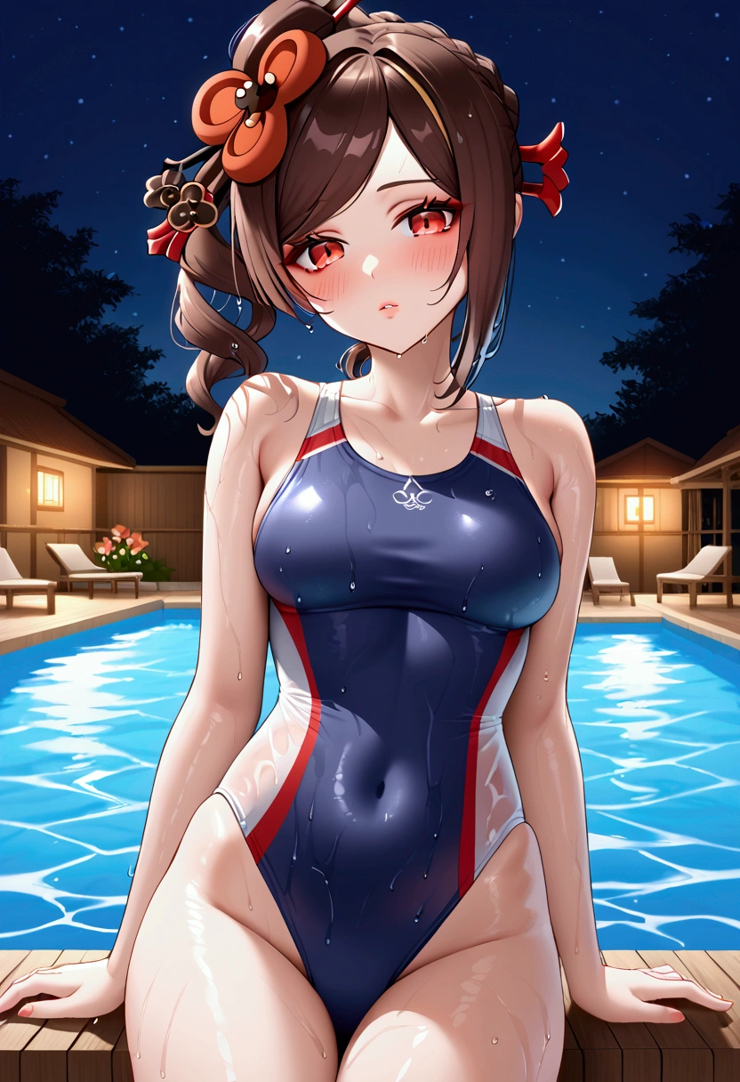 chiori, brown hair, hair ornament, red eyes, flower, hair flower, nude, one-piece swimsuit, undersized swimsuit, sexy pose, blush, shy, Pose seductively, Posing provocatively, Wet body, Sexy lips, pool, night, looking at viewer, Body tingling, Beautiful view, good atmosphere