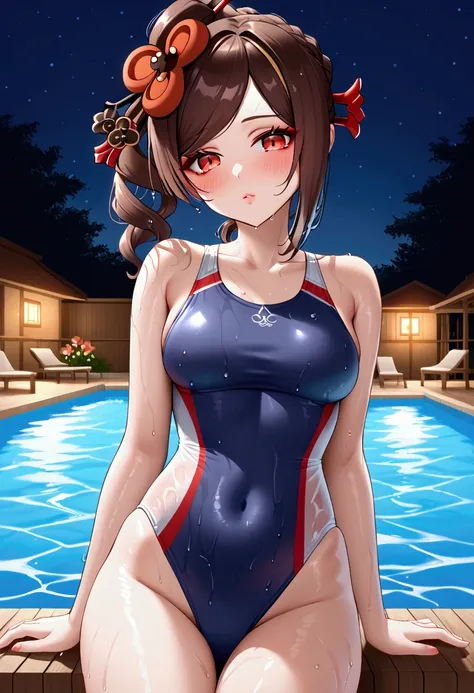 chiori, brown hair, hair ornament, red eyes, flower, hair flower, nude, one-piece swimsuit, undersized swimsuit, sexy pose, blus...