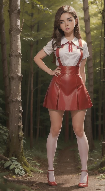 Cute teen  beautiful schoolgirl, beautiful cute teen face , red leather skater pinafore dress , transparent white blouse short sleeves , brunette long hair, beautiful eyes. stockings, high heel shoes , schoolgirl standing in the woods, photorealistic , curvy figure, sad face, curvy lips