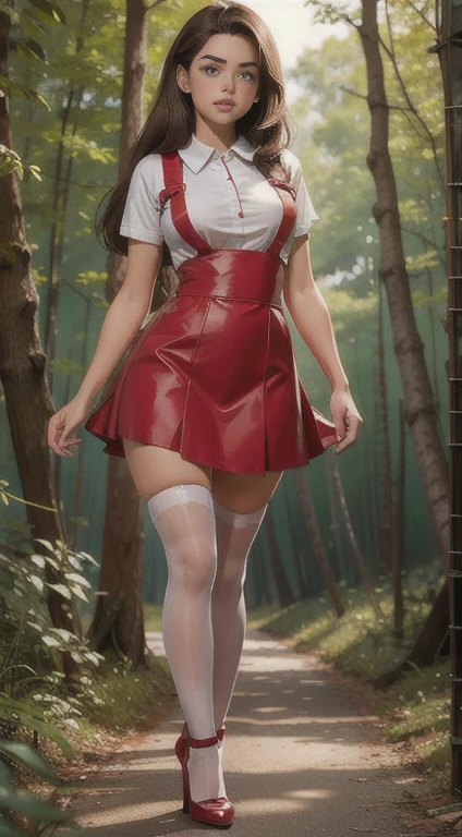 Cute teen  beautiful schoolgirl, beautiful cute teen face , red leather skater pinafore dress , transparent white blouse short sleeves , brunette long hair, beautiful eyes. stockings, high heel shoes , schoolgirl standing in the woods, photorealistic , curvy figure, sad face, curvy lips