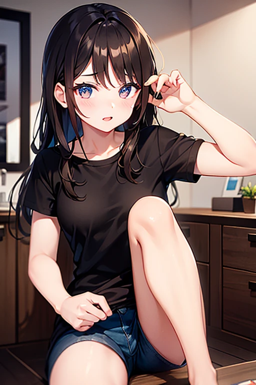 (jitome:1.4), from above, (masterpiece:1.3)), (best quality:1.3),(ultra detailed:1.4),(extremely detailed),(absolutely resolution:1.3) ,absurdres,8k, 1girl, long hair, multicolored hair, tanktops, jeans, squatting, waving hands,