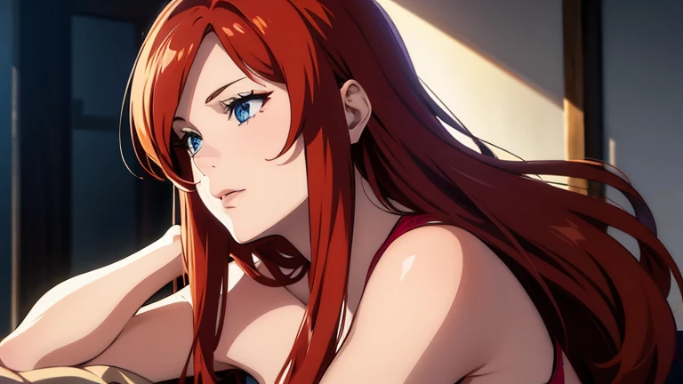 (best quality:1.3), (4k quality),(sharp image), Mei, ((Detailed face)), ((masterpiece face)),((perfect detailed eyes)) (blush), Mei, orange hair, long tied orange hair, green eyes, pink lips, pink lips, sly face, face with stern features, ((detailed face)), perfect face, highly detailed eyes, ((adult face)), masterpiece, absurdres , (intricate details), (colorful),cinematic lighting, extremely detailed CG unity 8k wallpaper , 1girl, solo, mature female, erected , fit body, cameltoe, ((seductive blue tight micro bikini))(((Bali beach)))(((perfect erected medium breast))), fit slim body, kneeling in seductive pose, showing her tits, (((from above)))