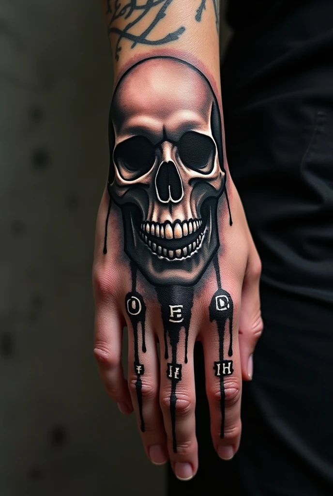 Tatuaje blackwork de calaveras en la mano