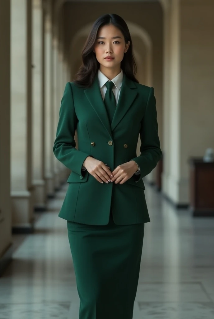 woman in green military uniform, Korean beauty ,(Full body photo,panoramic,Wide-angle lens)The background is a hallway of the bureau