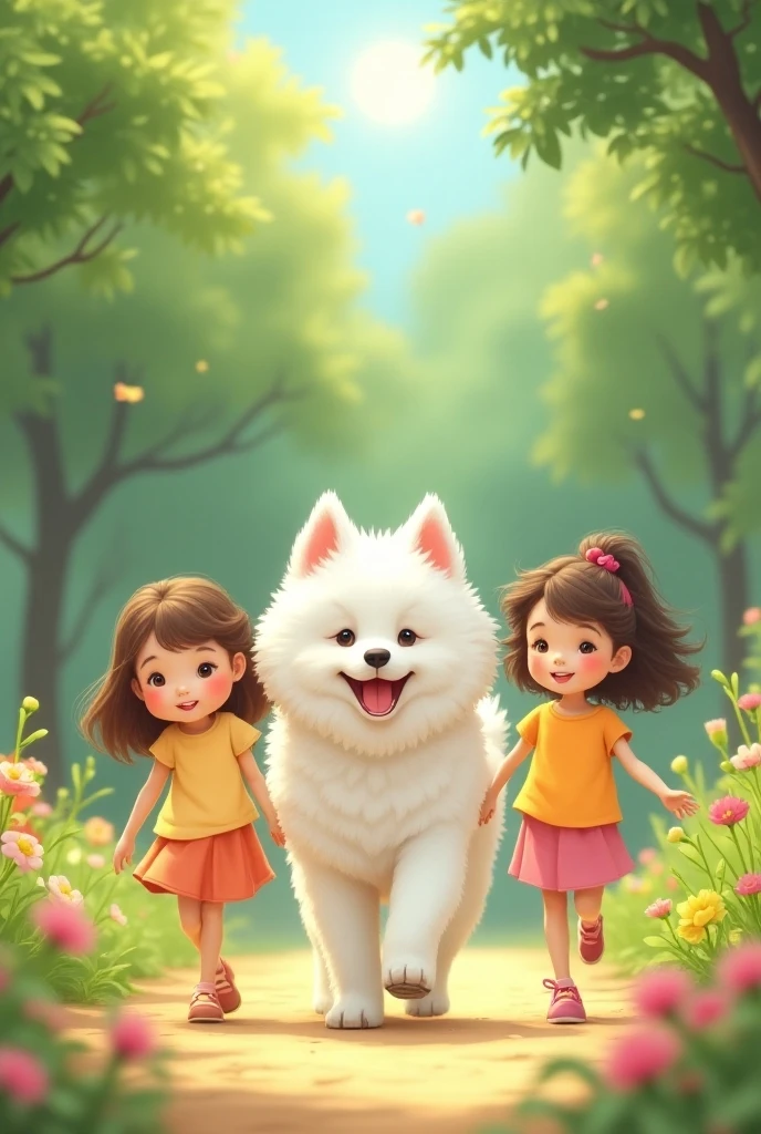 A cute white Samoyed dog is taking a walk with three cute girls