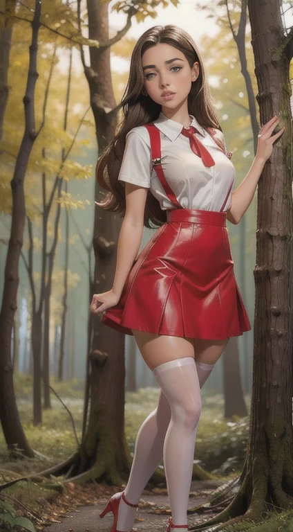 Cute teen , beautiful schoolgirl, beautiful cute teen face , red leather skater pinafore dress , transparent white blouse short sleeves , brunette long hair, beautiful eyes. stockings, high heel shoes , schoolgirl standing in the woods, photorealistic , curvy figure, sad face, curvy lips
